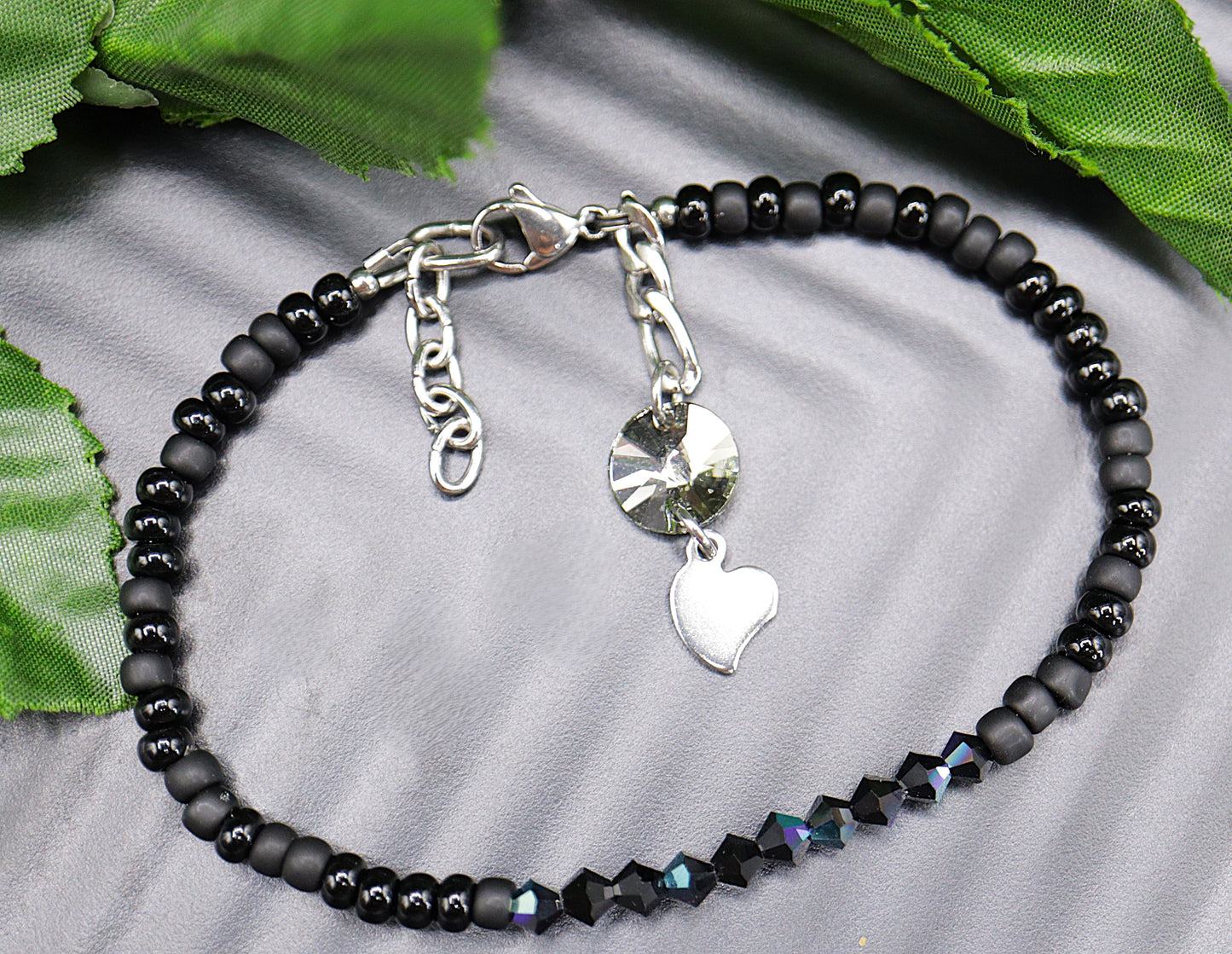 Black Beaded Crystal Charm Tennis Bracelet