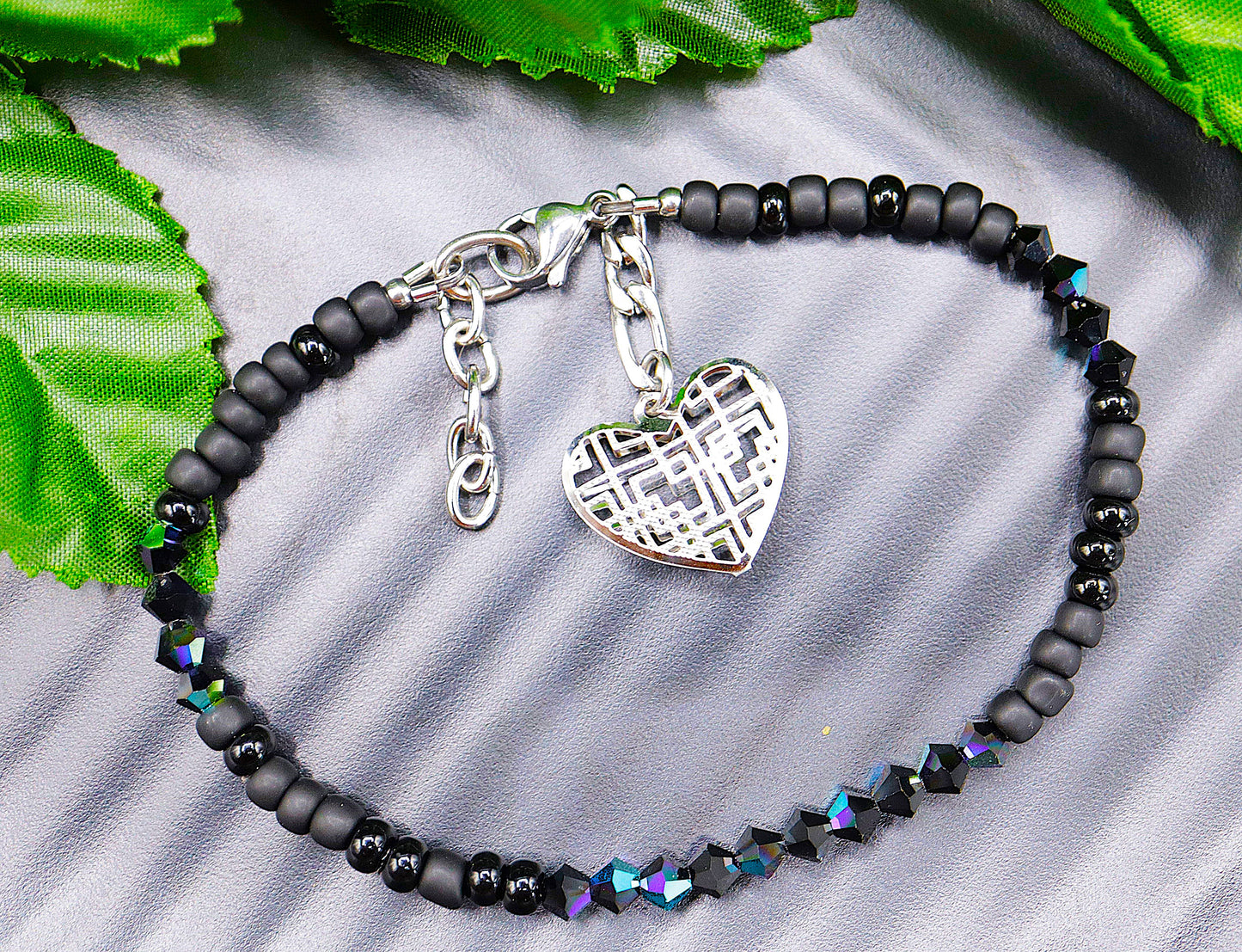 Black Beaded Crystal Charm Tennis Bracelet
