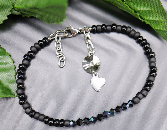 Black Beaded Crystal Charm Tennis Bracelet
