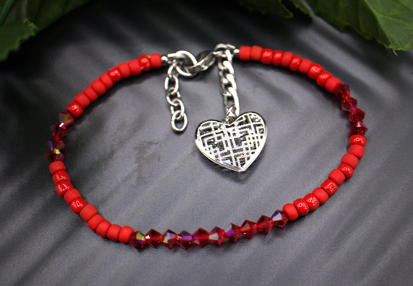 Red Beaded Heart Charmed Tennis Bracelet