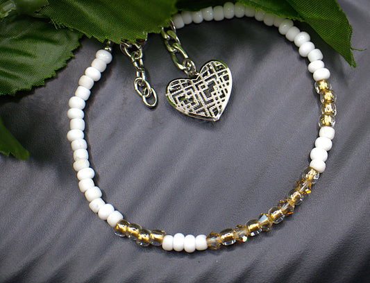 Beaded White and Gold Heart Charm Bracelet